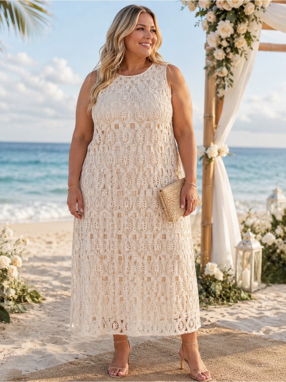 Vince Camuto Ivory Crochet Lace Maxi Dress Lined Sleeveless XL Boho Wedding